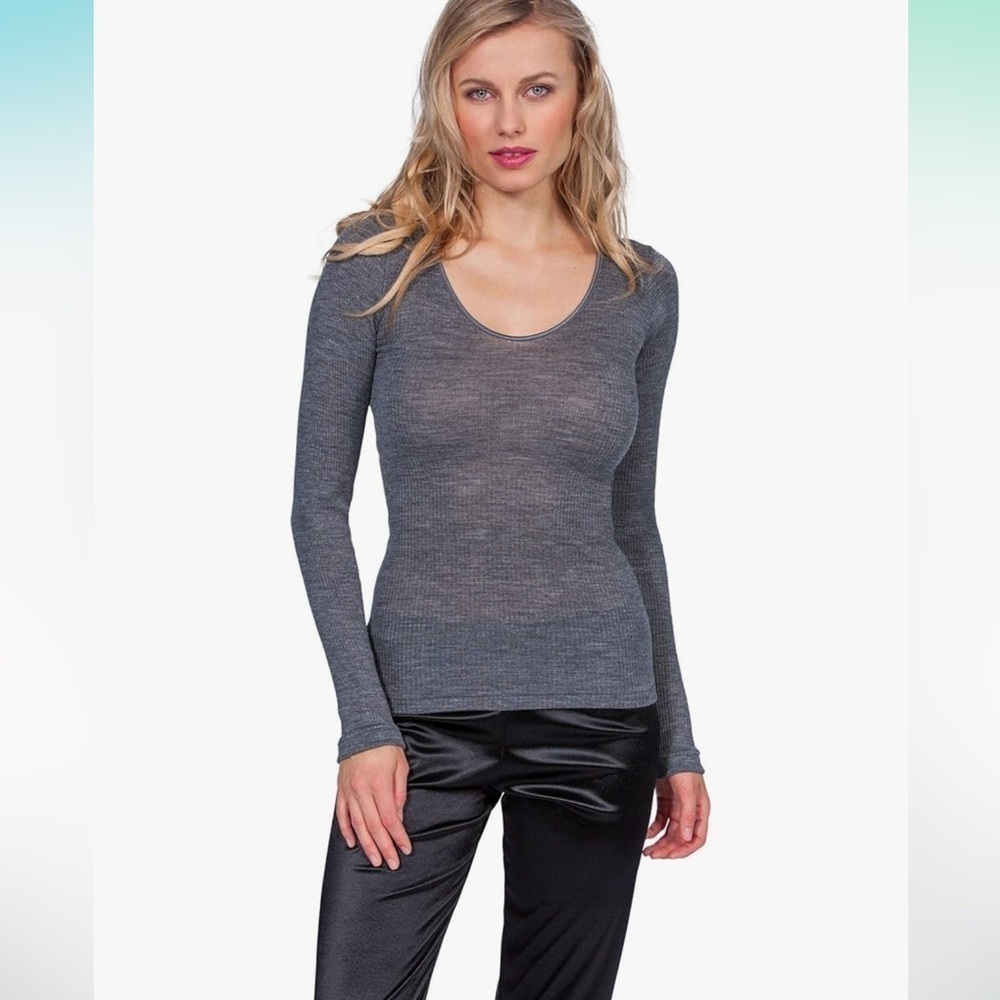 EGI ® Luxury Wool Silk Long Sleeve Top with Satin Trim. Proudly Made in Italy.